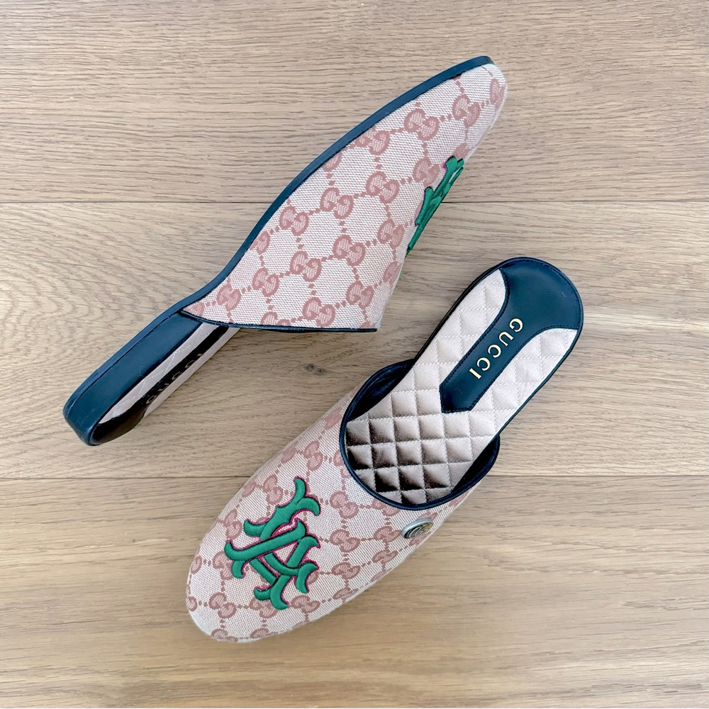 GUCCI Men's LA Angels Edition Flamel Patch GG Canvas Flat Mules